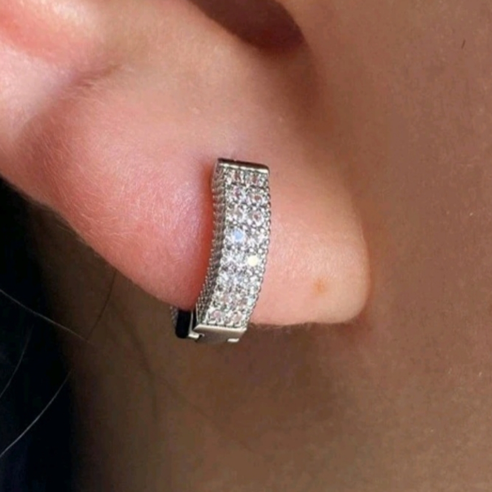 Dainty silver hoop cuff earrings pave diamond cubic zirconia